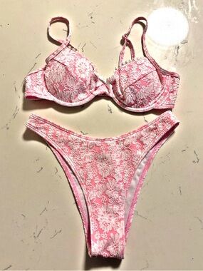 Pink and White Lace Bikini Set